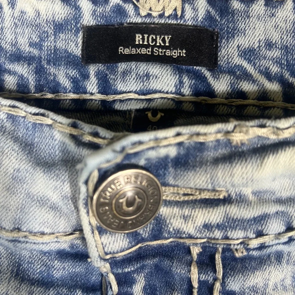 True Religion Ricky Relaxed Straight Acid Wash Jeans Mens 40 Light Blue Denim